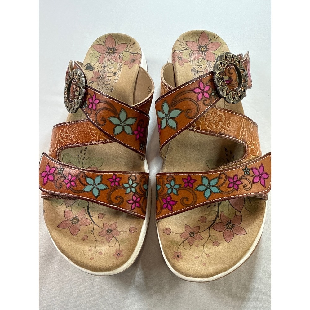 L'Artiste Spring Step Kittymits Floral Leather Slide Sandals Brown Womens 39 8.5